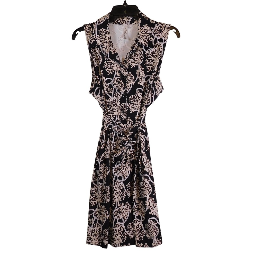 Lulu-B Womens Coral Rope Print Sleeveless Shirt Dress Black Tan Large Belted